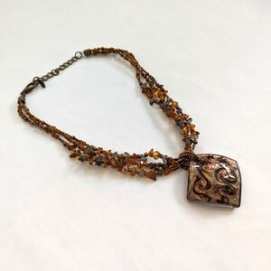 Cg Jewelry Brand Lampwork Pendant Multi-Strand Mixed Media Necklace Amber Gray